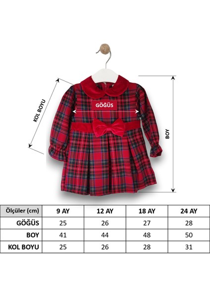 – Ekoseli, Kadife Yaka ve Kemer Detaylı Kız Bebek Elbise - Kırmızı (9-24Ay) modelleri