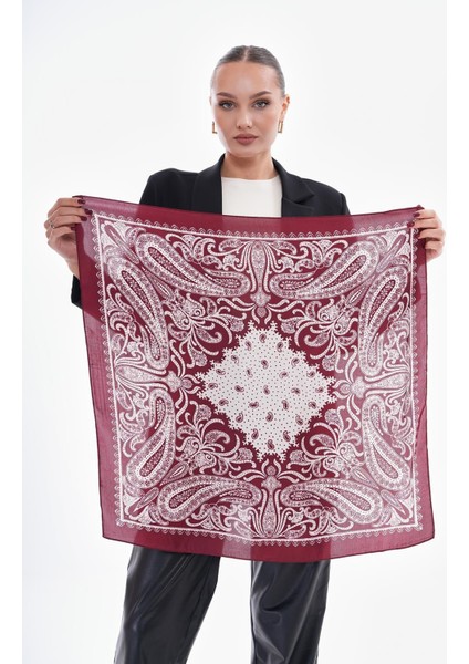 15276 Şal Desenli Bordo Bandana Fular 70X70 cm