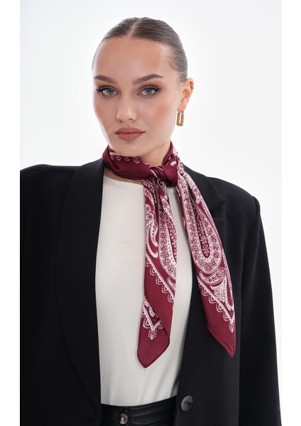 15276 Şal Desenli Bordo Bandana Fular 70X70 cm