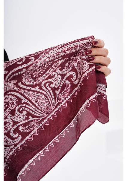 15276 Şal Desenli Bordo Bandana Fular 70X70 cm