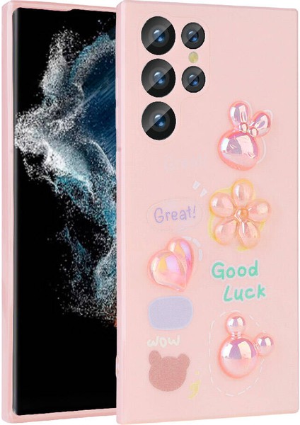 Samsung Galaxy S22 Ultra Kılıf Kabartma Figürlü Parlak Zore Toys Silikon Kapak-Pembe