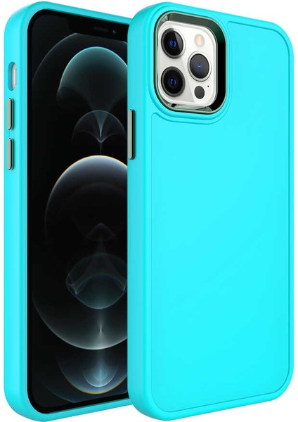 Apple iPhone 12 Pro Kılıf Metal Çerçeve ve Buton Tasarımlı Sert Zore Botox Kapak-Turkuaz
