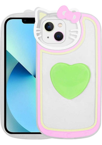 Apple iPhone 13 Kılıf Kedi Figürlü Transparan Pop Soketli Zore Ritmik Kapak-Yeşil