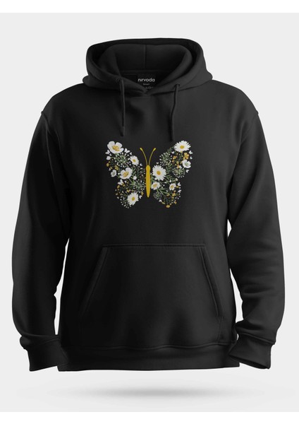 Papatya Sarı Kelebek Unisex Kapüşonlu Sweatshirt Siyah