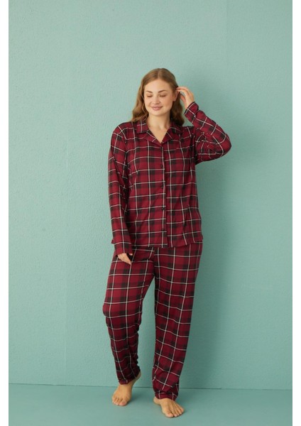 Kadın 50801-345 Büyük Beden Önü Düğmeli Pijama Takımı Bordo-Siyah