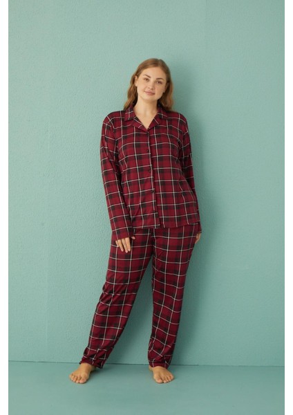 Kadın 50801-345 Büyük Beden Önü Düğmeli Pijama Takımı Bordo-Siyah fiyatları