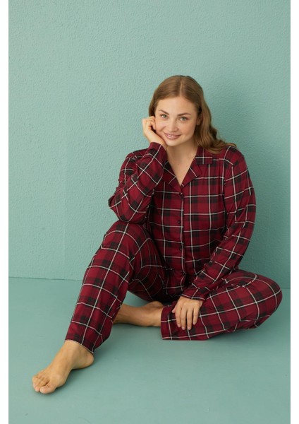 Kadın 50801-345 Büyük Beden Önü Düğmeli Pijama Takımı Bordo-Siyah modelleri