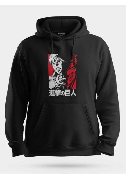 Eren Attack On Titan Kırmızı Unisex Kapüşonlu Sweatshirt Siyah