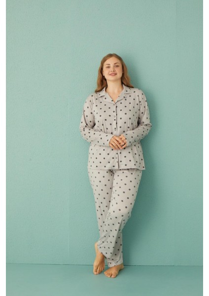 Kadın 50801-116 Büyük Beden Önü Düğmeli Pijama Takımı Gri