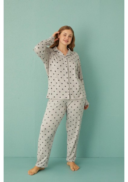 Kadın 50801-116 Büyük Beden Önü Düğmeli Pijama Takımı Gri fiyatları