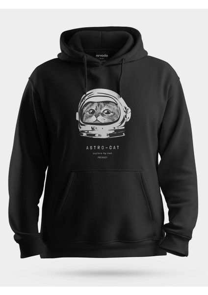 Astronot Kedi Astrocat Unisex Kapüşonlu Sweatshirt Siyah