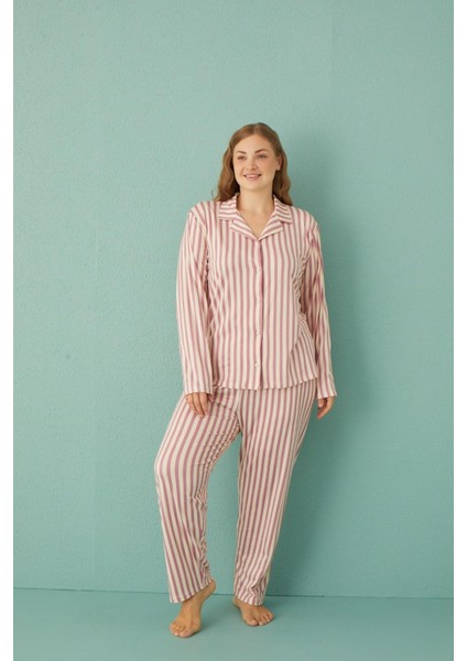 Kadın 50801-607 Büyük Beden Önü Düğmeli Pijama Takımı Pudra fiyatları
