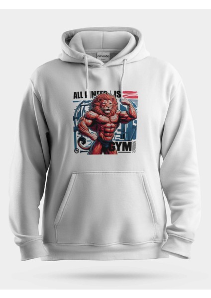 Kaslı Aslan Fitness Unisex Kapüşonlu Sweatshirt Beyaz