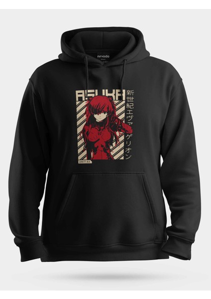 Asuka Evangelion Unisex Kapüşonlu Sweatshirt Siyah