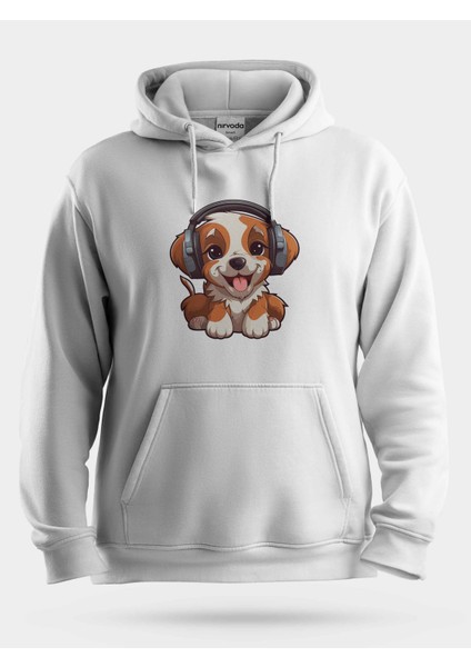 Müzik Dinleyen Sevimli Köpek Unisex Kapüşonlu Sweatshirt