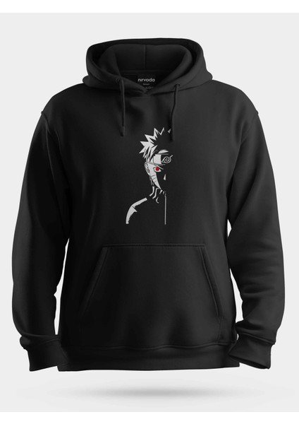 Naruto Yarım Yüz Poz Unisex Kapüşonlu Sweatshirt Siyah
