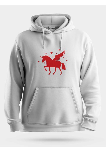 Kırmızı Unicorn Tek Boynuzlu At Unisex Kapüşonlu Sweatshirt