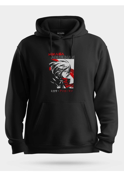 Mikasa Ackerman Attack On Titan Kırmızı Beyaz Unisex Kapüşonlu Sweatshirt Siyah