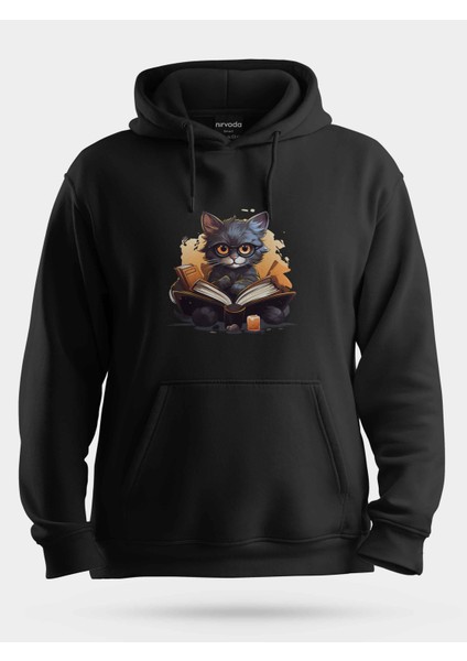 Öğrenci Siyah Kedi Unisex Kapüşonlu Sweatshirt