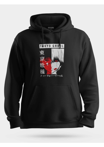 Tokyo Ghoul Kırmızı Beyaz Unisex Kapüşonlu Sweatshirt Siyah