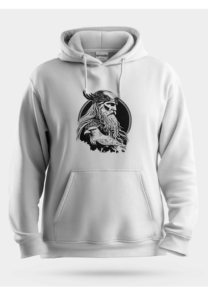 Odin ve Kuzgun Mitoloji Unisex Kapüşonlu Sweatshirt Beyaz