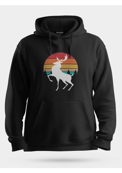 Renkli Geyik Unisex Kapüşonlu Sweatshirt Siyah