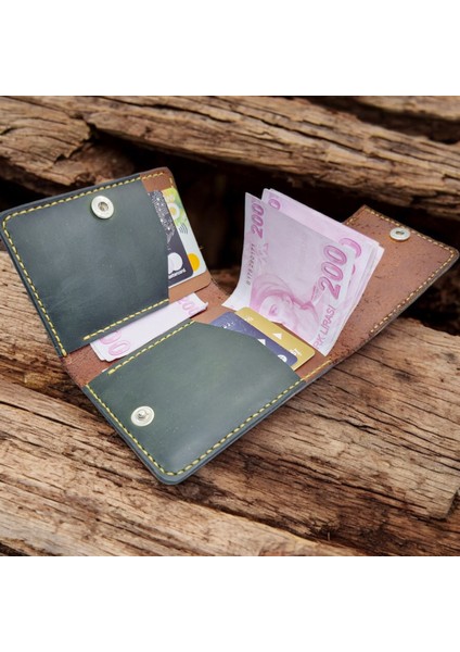 Cy Leather Nexus Trifold Taba Camel Yeşil Hakiki Deri Unisex El Yapımı Cüzdan modelleri