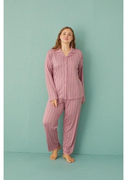 Kadın 50801-129 Büyük Beden Önü Düğmeli Pijama Takımı Pudra