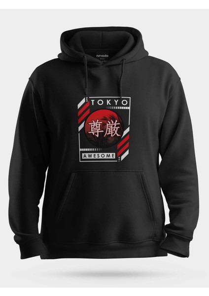 Japonya Tokyo Koordinat Unisex Kapüşonlu Sweatshirt Siyah