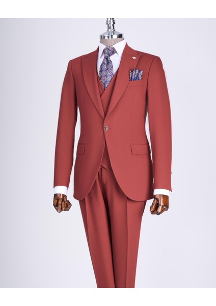 Italyan Stil Slim Fit Ceket Yelek Pantolon Takım Elbise Kiremit T13496
