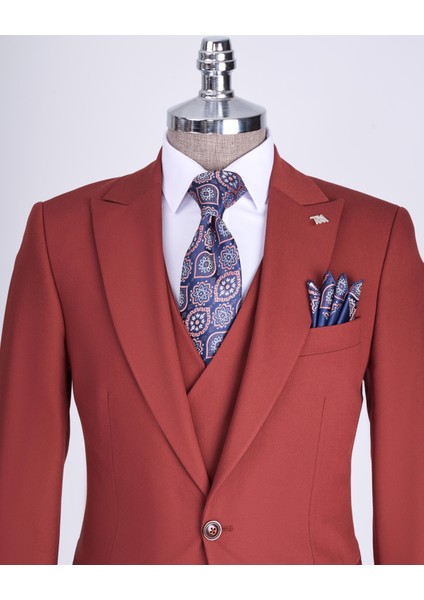 Italyan Stil Slim Fit Ceket Yelek Pantolon Takım Elbise Kiremit T13496 fiyatları