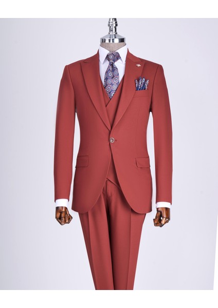 Italyan Stil Slim Fit Ceket Yelek Pantolon Takım Elbise Kiremit T13496 modelleri