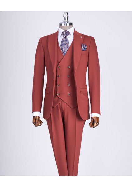 Italyan Stil Slim Fit Ceket Yelek Pantolon Takım Elbise Kiremit T13496 fırsatları