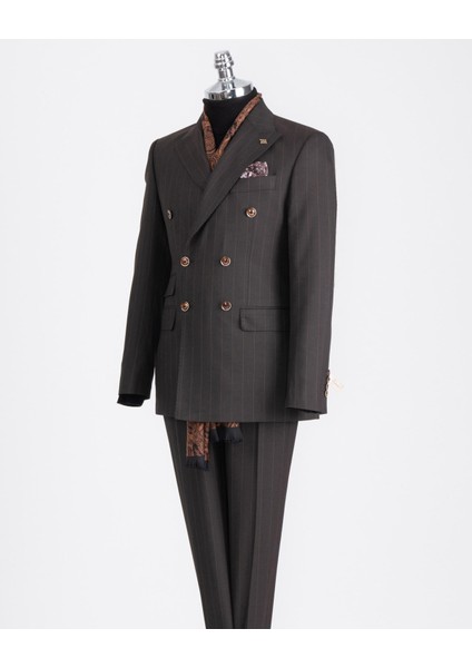 Italyan Stil Slim Fit Çizgili Kruvaze Ceket Pantolon Takım Elbise Kahverengi T13194