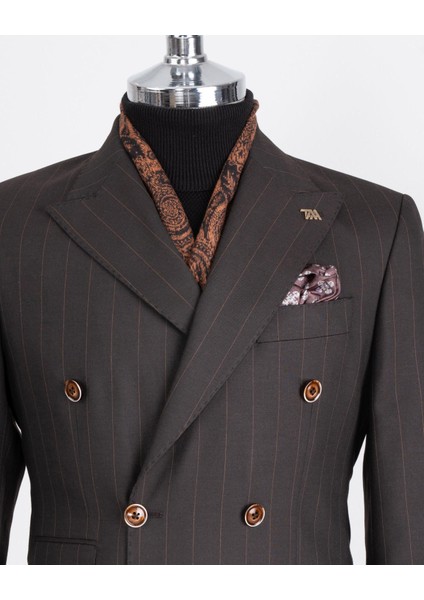 Italyan Stil Slim Fit Çizgili Kruvaze Ceket Pantolon Takım Elbise Kahverengi T13194