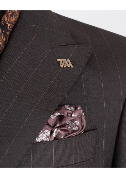 Italyan Stil Slim Fit Çizgili Kruvaze Ceket Pantolon Takım Elbise Kahverengi T13194