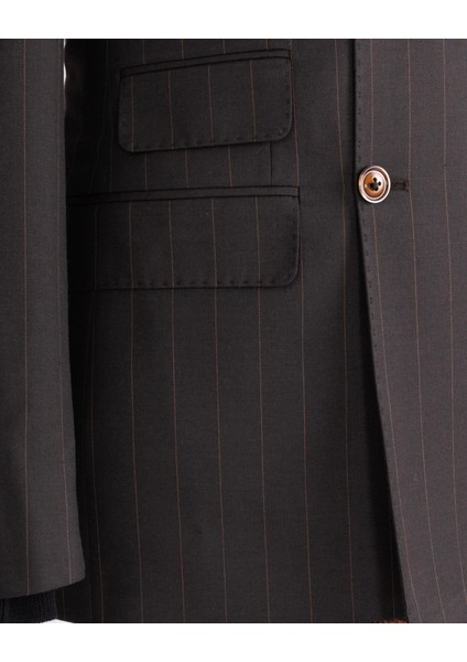 Italyan Stil Slim Fit Çizgili Kruvaze Ceket Pantolon Takım Elbise Kahverengi T13194