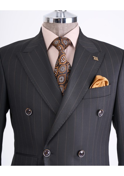 Italyan Stil Slim Fit Çizgili Kruvaze Ceket Pantolon Takım Elbise Siyah T13191 fiyatları
