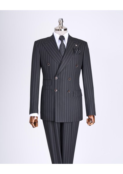 Italyan Stil Slim Fit Çizgili Kruvaze Ceket Pantolon Takım Elbise Siyah T13491