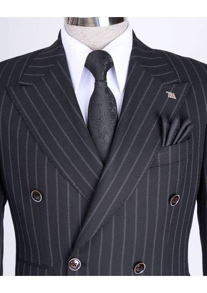 Italyan Stil Slim Fit Çizgili Kruvaze Ceket Pantolon Takım Elbise Siyah T13491 fiyatları