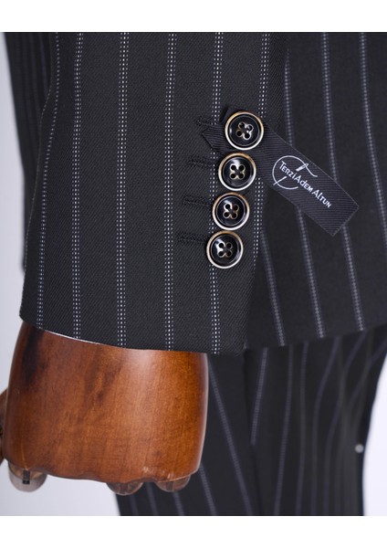 Italyan Stil Slim Fit Çizgili Kruvaze Ceket Pantolon Takım Elbise Siyah T13491 modelleri