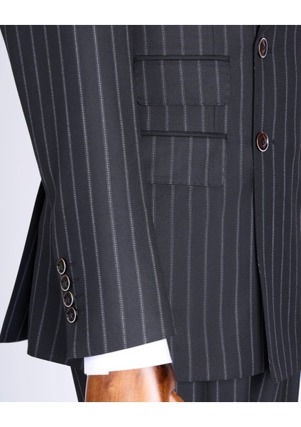 Italyan Stil Slim Fit Çizgili Kruvaze Ceket Pantolon Takım Elbise Siyah T13491 fırsatları