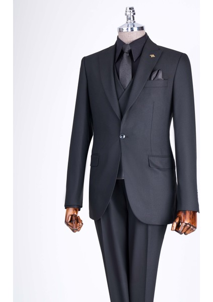 Italyan Stil Slim Fit Ceket Yelek Pantolon Takım Elbise Siyah T13056