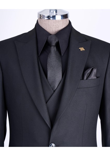 Italyan Stil Slim Fit Ceket Yelek Pantolon Takım Elbise Siyah T13056