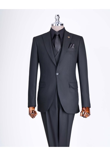 Italyan Stil Slim Fit Ceket Yelek Pantolon Takım Elbise Siyah T13056