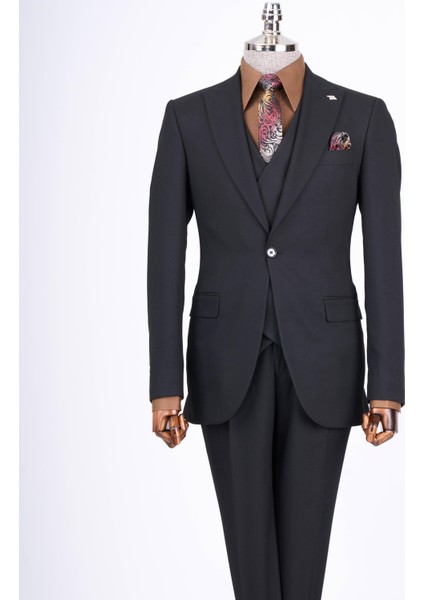Italyan Stil Slim Fit Erkek Ceket Yelek Pantolon Takım Elbise Siyah T13465 modelleri