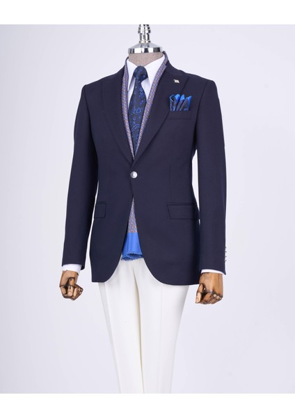Italyan Stil Slim Fit Sivri Yaka Erkek Ceket Lacivert T13236