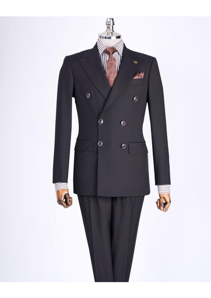 Italyan Stil Slim Fit Kruvaze Ceket Pantolon Takım Elbise Siyah T13524 modelleri