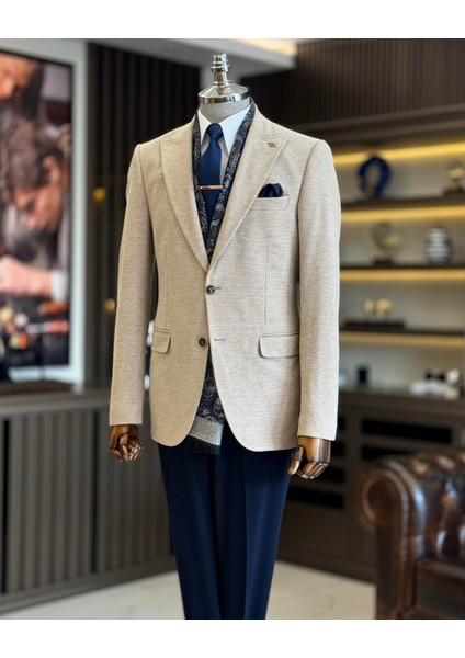 Italyan Stil Slim Fit Sivri Yaka Erkek Ceket Vizon T13214