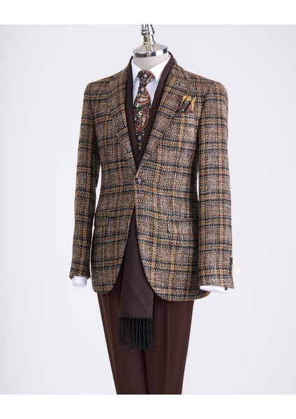 Italyan Stil Slim Fit Ekose Erkek Tek Ceket Siyah T13351